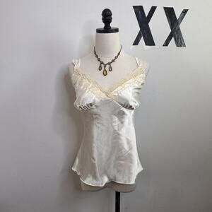 Vintage Y2K Ivory Satin Embellished Babydoll Cami V-Neck Top Fairy Indie S M